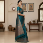 Elegant Peacock Teal Handloom Silk Saree with Antique Gold Zari Border - Image 2