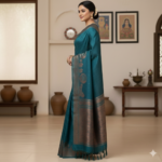 Elegant Peacock Teal Handloom Silk Saree with Antique Gold Zari Border - Image 3
