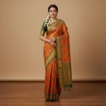 Sunset Amber Kanchipuram Silk Saree with Emerald Zari Borders