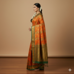 Sunset Amber Kanchipuram Silk Saree with Emerald Zari Borders - Image 2