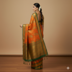 Sunset Amber Kanchipuram Silk Saree with Emerald Zari Borders - Image 5