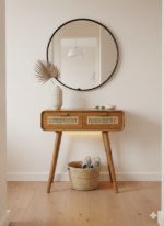 Mid-Century Modern Cane & Teak Console Table