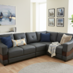 Modern Charcoal Grey L-Shaped Sectional with Walnut Accents