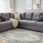 Luxury Modern Tufted Sectional Sofa in Lavender Grey with Wood Trim