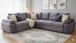 Luxury Modern Tufted Sectional Sofa in Lavender Grey with Wood Trim