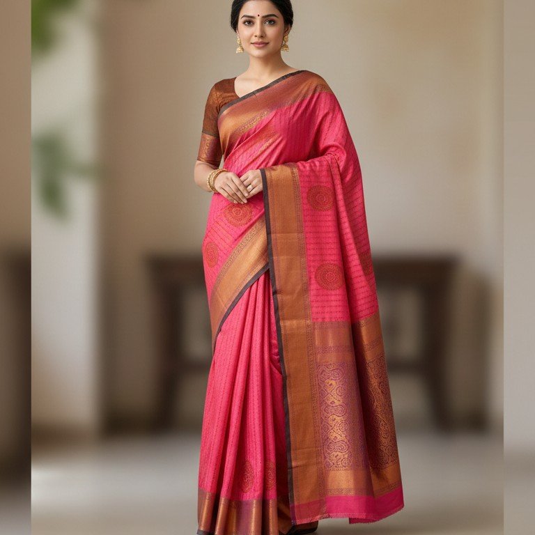 Elegant Fuchsia Pink & Antique Gold Silk Saree