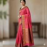Elegant Fuchsia Pink & Antique Gold Silk Saree - Image 2