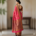 Elegant Fuchsia Pink & Antique Gold Silk Saree - Image 3