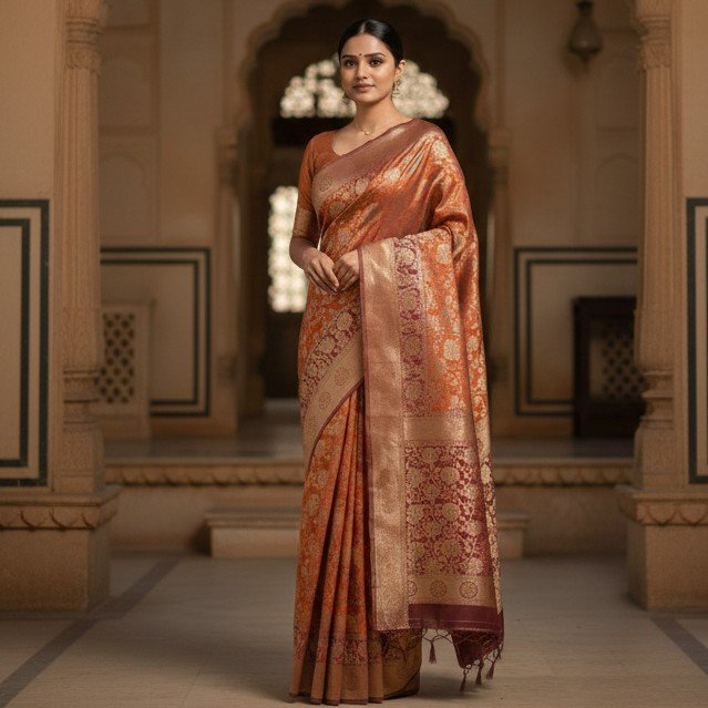 1770542580137~2 Regal Rust & Gold Banarasi Silk Saree - Image 1