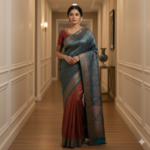 Dual-Tone Regal Silk Saree in Teal Blue & Deep Maroon - Image 2