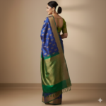 Royal Blue & Emerald Green Silk Saree with Gold Zari Butta - Image 2