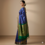 Royal Blue & Emerald Green Silk Saree with Gold Zari Butta - Image 3