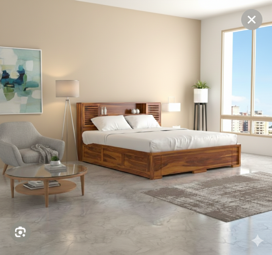 Solid Wood Queen Storage Bed with Integrated Headboard Shelving – Ditha
