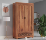 Teak-Finish Solid Wood Wardrobe with Lattice Detail
