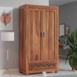 Teak-Finish Solid Wood Wardrobe with Lattice Detail