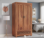 Teak-Finish Solid Wood Wardrobe with Lattice Detail - Image 2