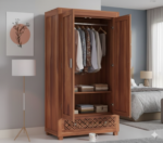 Teak-Finish Solid Wood Wardrobe with Lattice Detail - Image 3