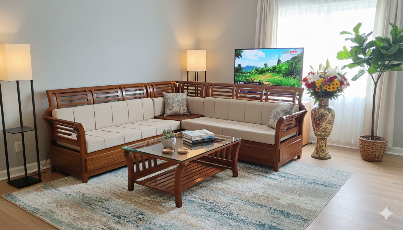 1770874609363 Elegant Handcrafted Teak-Finish Sectional – Modular L-Shape Sofa - Image 1