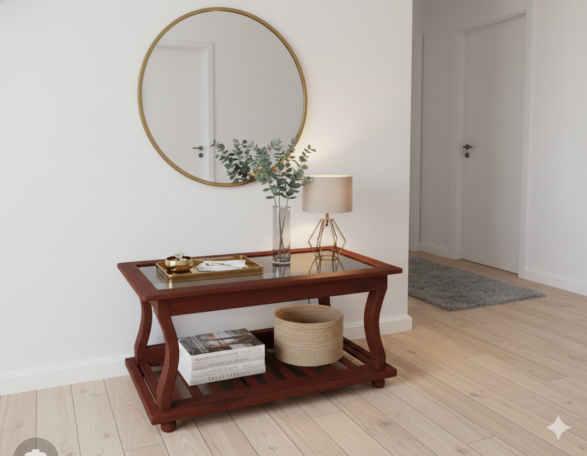 Classic Mahogany-Finish Coffee Table with Tempered Glass Top & Slatted Shelf