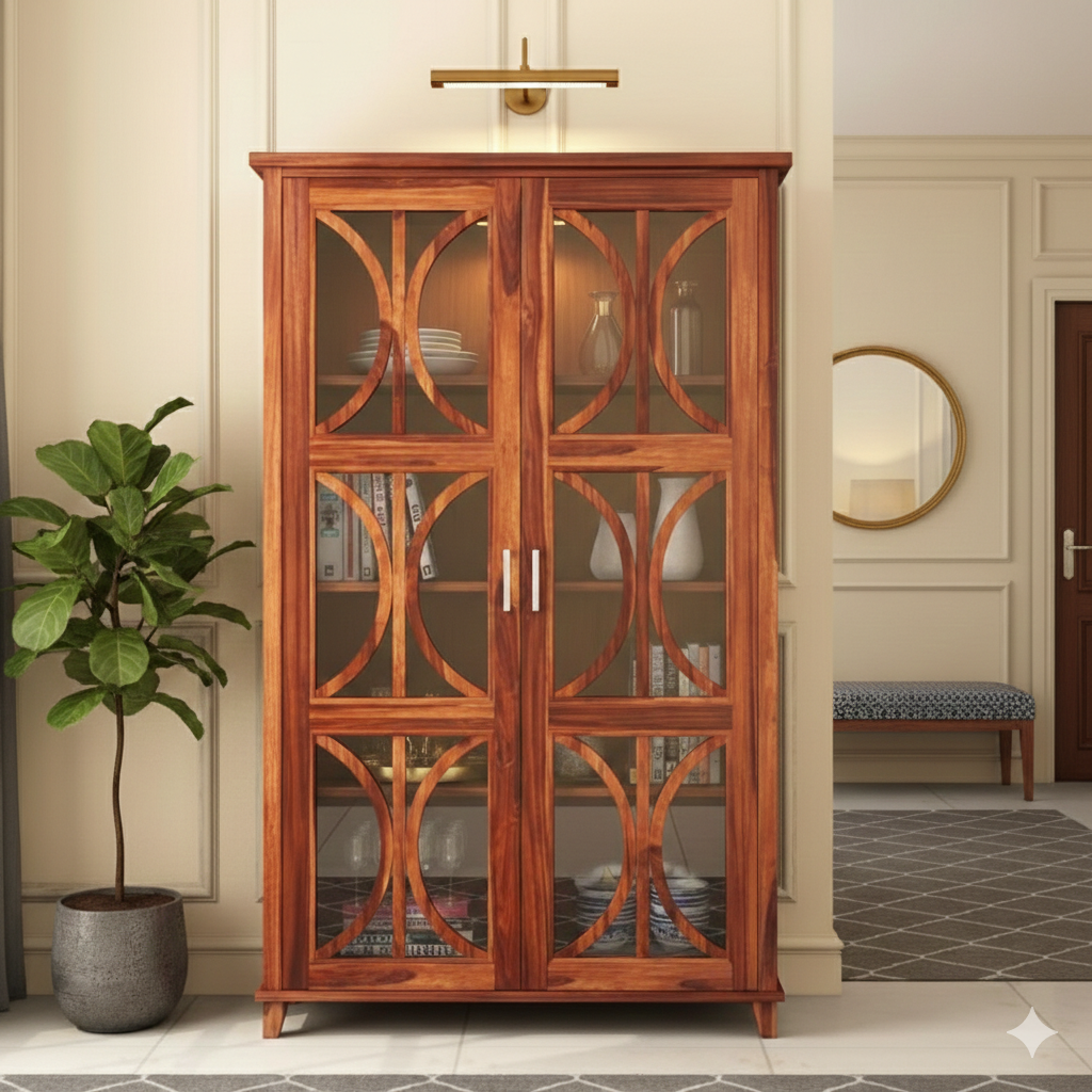 1770878590667 Artisan teak Wood Geometric Display Cabinet - Image 1