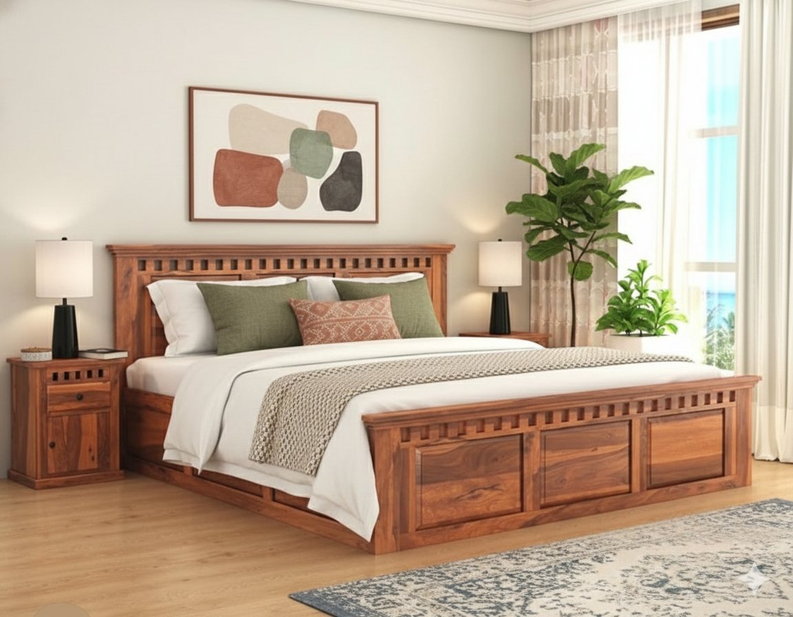 1770879534453 : Luxury Teak-Finish Solid Wood King Cot with Matching Bedside Table - Image 1