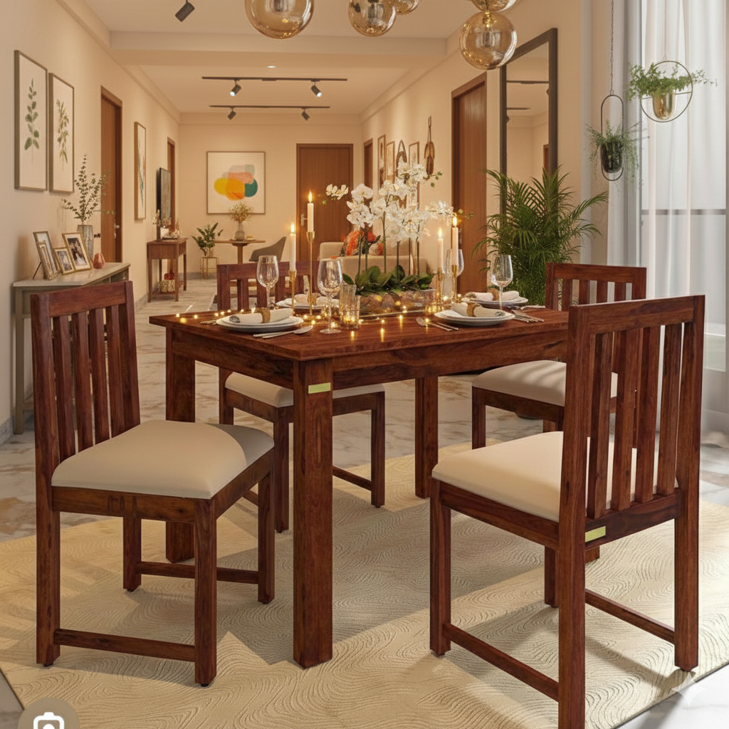 Elegant 4-Seater Solid Wood Dining Set with Upholstered Chairs