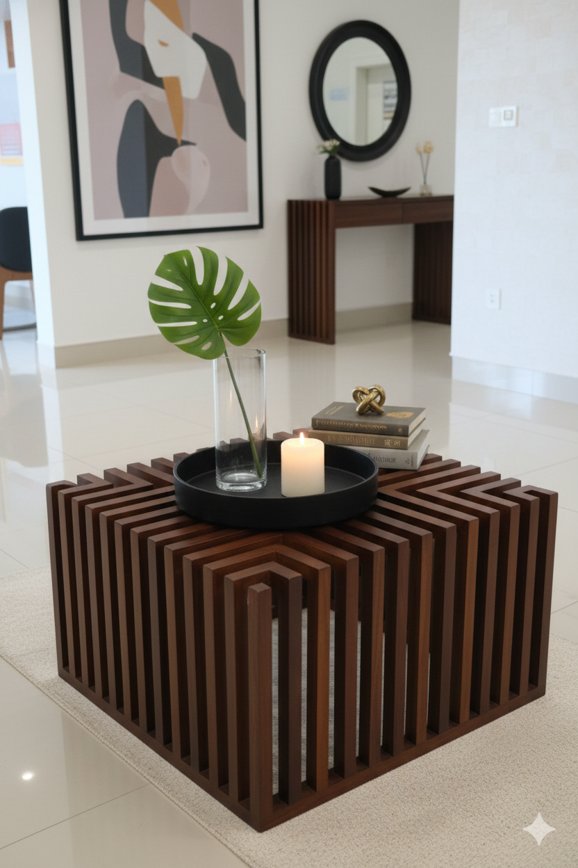 1770888830861 Handcrafted Geometric Slotted Solid Wood Tea Poy - Image 1