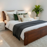 Solid Teak Wood Queen-Size Bed with Classic Panel Headboard