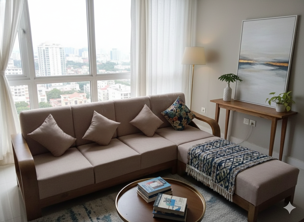 1770893877837 Modern L-Shaped Sectional with Wooden Accents & Ottoman - Image 1