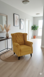 Regal Mustard Yellow Wingback Armchair – Tufted Velvet with Crystal Accents