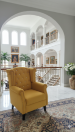 Regal Mustard Yellow Wingback Armchair – Tufted Velvet with Crystal Accents - Image 2