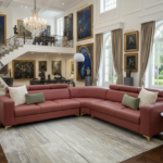 Regal Crimson L-Shaped Sectional with Diamond Quilting and Gold Accents