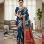 Midnight Blue Floral Chanderi Saree with Ornate Red Zari Border