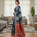 Midnight Blue Floral Chanderi Saree with Ornate Red Zari Border - Image 2