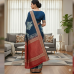 Midnight Blue Floral Chanderi Saree with Ornate Red Zari Border - Image 3