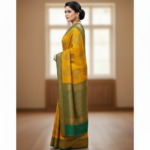 Radiant Mustard Yellow & Emerald Green Paisley Silk Saree - Image 2