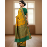 Radiant Mustard Yellow & Emerald Green Paisley Silk Saree - Image 3