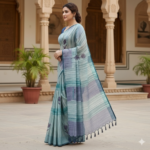 Ethereal Sea-Mist Linen Saree with Contemporary Floral Accents - Image 2