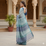 Ethereal Sea-Mist Linen Saree with Contemporary Floral Accents - Image 3