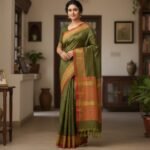 Elegant Olive Green & Burnt Orange Handloom Saree