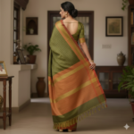 Elegant Olive Green & Burnt Orange Handloom Saree - Image 3