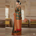 Elegant Peacock Green & Crimson Red Kanjeevaram Silk Saree - Image 2
