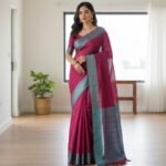 Magenta Elegance: Handloom Linen Saree with Metallic Slate Border