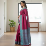 Magenta Elegance: Handloom Linen Saree with Metallic Slate Border - Image 2