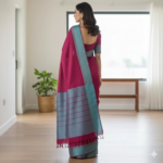 Magenta Elegance: Handloom Linen Saree with Metallic Slate Border - Image 3