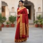 Crimson Red Handloom Cotton Silk Saree with Antique Gold Zari Border