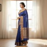 Elegant Midnight Blue Silk Saree with Antique Gold Border - Image 2