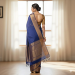 Elegant Midnight Blue Silk Saree with Antique Gold Border - Image 3