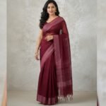 Elegance in Crimson: Deep Maroon Linen-Cotton Saree