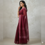 Elegance in Crimson: Deep Maroon Linen-Cotton Saree - Image 2